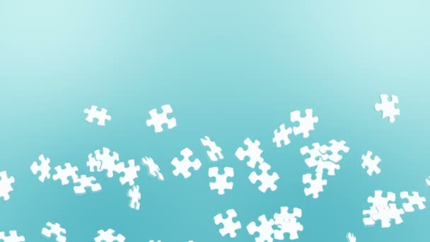 Many White Puzzle Pieces Floating Air Blue Background Business Success — 图库视频影像