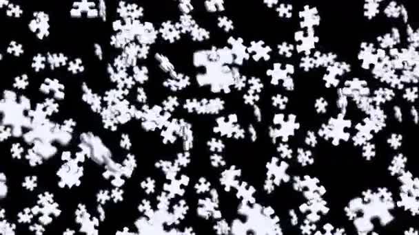 Beaucoup Pièces Puzzle Blanc Flottant Dans Air Sur Fond Noir — Video