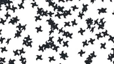 Birçok ninja shuriken beyaz arka plana hava atıyor. Japon kültür metali silahı. Dövüş sanatları konsepti. Döngü canlandırması.
