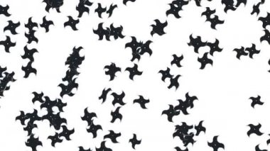 Birçok ninja shuriken beyaz arka plana hava atıyor. Japon kültür metali silahı. Dövüş sanatları konsepti. Döngü canlandırması.
