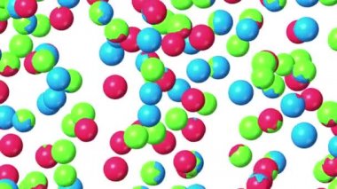 Birçok renkli küre beyaz arka planda havada yüzüyor. Parlak, soyut bir sembol. Renkler ıslanmak için değişir. 3B döngü canlandırması.
