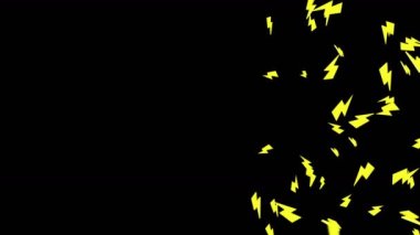 Birçok yıldırım simgesi siyah arka planda havada yüzüyor. Soyut sarı gök gürültüsü arka planı. Dijital enerjinin sembolü. 3B döngü canlandırması.