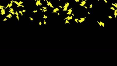 Birçok yıldırım simgesi siyah arka planda havada yüzüyor. Soyut sarı gök gürültüsü arka planı. Dijital enerjinin sembolü. 3B döngü canlandırması.