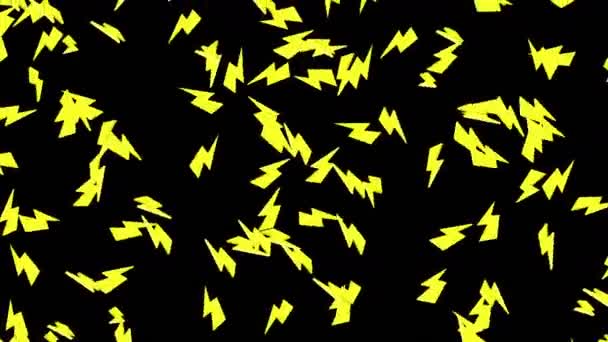 Wiele Ikony Pioruna Unoszące Się Powietrzu Czarnym Tle Streszczenie Żółtego Klip Wideo