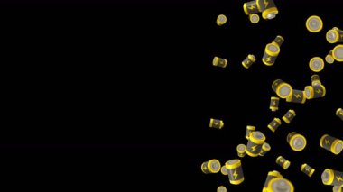 Birçok batarya siyah arka planda havada yüzüyor. Güç ve enerjinin sembolü. Yıldırım çizimi. İş konsepti. Döngü canlandırması.