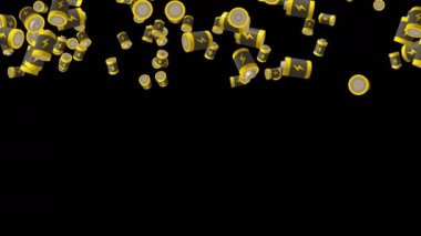 Birçok batarya siyah arka planda havada yüzüyor. Güç ve enerjinin sembolü. Yıldırım çizimi. İş konsepti. Döngü canlandırması.