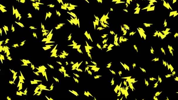 Багато Піктограм Блискавки Плавають Повітрі Чорному Тлі Абстрактний Жовтий Фон — стокове відео