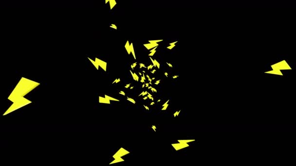 Veel Bliksemschicht Pictogram Zweven Lucht Zwarte Achtergrond Abstracte Gele Donder — Stockvideo