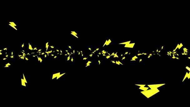 黒の背景に空気中に浮かぶ多くの稲妻のアイコン 要旨黄色い雷の背景 デジタルエネルギーの象徴 3Dループアニメーション — ストック動画