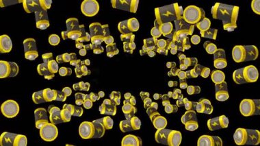 Birçok batarya siyah arka planda havada yüzüyor. Güç ve enerjinin sembolü. Yıldırım çizimi. İş konsepti. Döngü canlandırması.