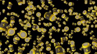 Birçok batarya siyah arka planda havada yüzüyor. Güç ve enerjinin sembolü. Yıldırım çizimi. İş konsepti. Döngü canlandırması.