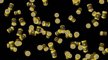 Birçok batarya siyah arka planda havada yüzüyor. Güç ve enerjinin sembolü. Yıldırım çizimi. İş konsepti. Döngü canlandırması.