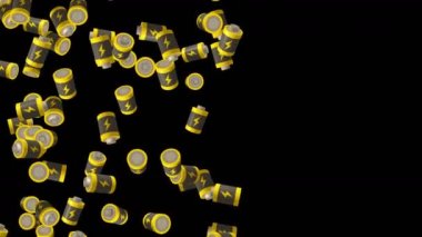 Birçok batarya siyah arka planda havada yüzüyor. Güç ve enerjinin sembolü. Yıldırım çizimi. İş konsepti. Döngü canlandırması.