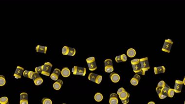 Birçok batarya siyah arka planda havada yüzüyor. Güç ve enerjinin sembolü. Yıldırım çizimi. İş konsepti. Döngü canlandırması.