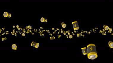 Birçok batarya siyah arka planda havada yüzüyor. Güç ve enerjinin sembolü. Yıldırım çizimi. İş konsepti. Döngü canlandırması.