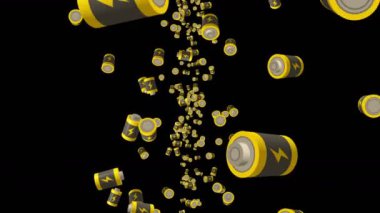 Birçok batarya siyah arka planda havada yüzüyor. Güç ve enerjinin sembolü. Yıldırım çizimi. İş konsepti. Döngü canlandırması.