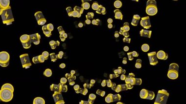 Birçok batarya siyah arka planda havada yüzüyor. Güç ve enerjinin sembolü. Yıldırım çizimi. İş konsepti. Döngü canlandırması.