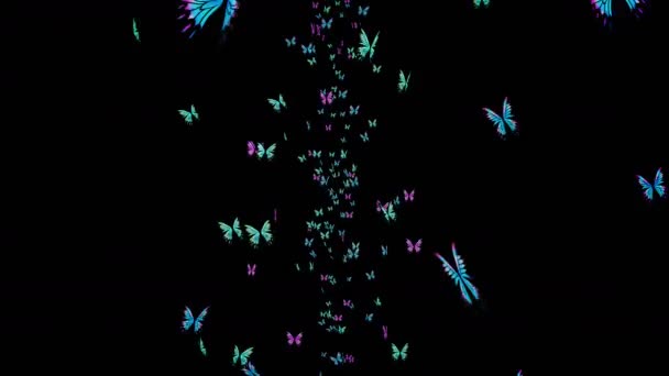 Πολλές Πολύχρωμες Πεταλούδες Πετούν Στον Αέρα Μαύρο Φόντο Έννοια Της — Αρχείο Βίντεο