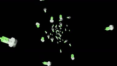 Birçok şırınga siyah arka planda havada yüzüyor. Tıbbi konsept. Aşı enjeksiyonunun 3 boyutlu çizimi. Döngü canlandırması.