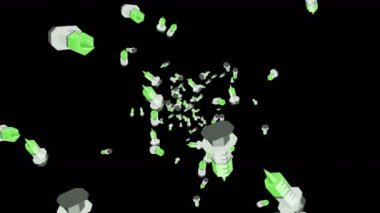 Birçok şırınga siyah arka planda havada yüzüyor. Tıbbi konsept. Aşı enjeksiyonunun 3 boyutlu çizimi. Döngü canlandırması.