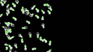 Birçok şırınga siyah arka planda havada yüzüyor. Tıbbi konsept. Aşı enjeksiyonunun 3 boyutlu çizimi. Döngü canlandırması.