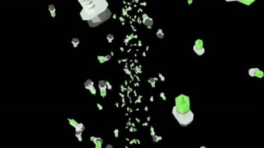 Birçok şırınga siyah arka planda havada yüzüyor. Tıbbi konsept. Aşı enjeksiyonunun 3 boyutlu çizimi. Döngü canlandırması.