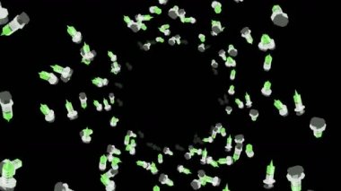 Birçok şırınga siyah arka planda havada yüzüyor. Tıbbi konsept. Aşı enjeksiyonunun 3 boyutlu çizimi. Döngü canlandırması.