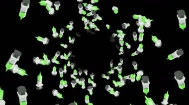 Birçok şırınga siyah arka planda havada yüzüyor. Tıbbi konsept. Aşı enjeksiyonunun 3 boyutlu çizimi. Döngü canlandırması.