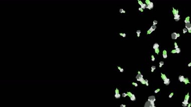 Birçok şırınga siyah arka planda havada yüzüyor. Tıbbi konsept. Aşı enjeksiyonunun 3 boyutlu çizimi. Döngü canlandırması.