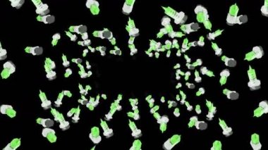 Birçok şırınga siyah arka planda havada yüzüyor. Tıbbi konsept. Aşı enjeksiyonunun 3 boyutlu çizimi. Döngü canlandırması.