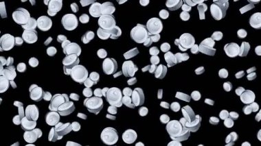 Birçok yiyecek kutusu siyah arka planda havada yüzüyor. Gümüş teneke kutu. Yemek konsepti. Etiket yok. Et ve balık. 3B döngü canlandırması.