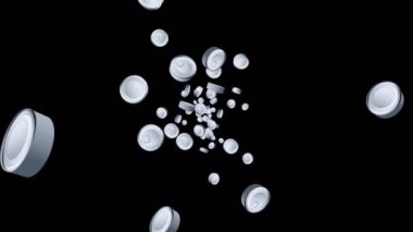 Birçok yiyecek kutusu siyah arka planda havada yüzüyor. Gümüş teneke kutu. Yemek konsepti. Etiket yok. Et ve balık. 3B döngü canlandırması.