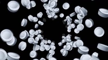 Birçok yiyecek kutusu siyah arka planda havada yüzüyor. Gümüş teneke kutu. Yemek konsepti. Etiket yok. Et ve balık. 3B döngü canlandırması.