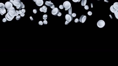 Birçok yiyecek kutusu siyah arka planda havada yüzüyor. Gümüş teneke kutu. Yemek konsepti. Etiket yok. Et ve balık. 3B döngü canlandırması.