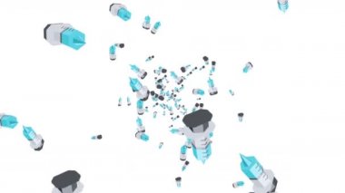 Beyaz arka planda havada yüzen bir sürü şırınga. Tıbbi konsept. Aşı enjeksiyonunun 3 boyutlu çizimi. Döngü canlandırması.