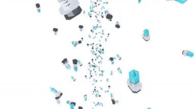 Beyaz arka planda havada yüzen bir sürü şırınga. Tıbbi konsept. Aşı enjeksiyonunun 3 boyutlu çizimi. Döngü canlandırması.