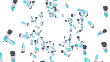 Beyaz arka planda havada yüzen bir sürü şırınga. Tıbbi konsept. Aşı enjeksiyonunun 3 boyutlu çizimi. Döngü canlandırması.