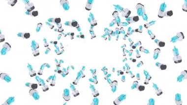 Beyaz arka planda havada yüzen bir sürü şırınga. Tıbbi konsept. Aşı enjeksiyonunun 3 boyutlu çizimi. Döngü canlandırması.