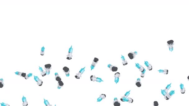 Mnoho Stříkaček Plovoucích Vzduchu Bílém Pozadí Lékařský Koncept Ilustrace Vakcinační — Stock video