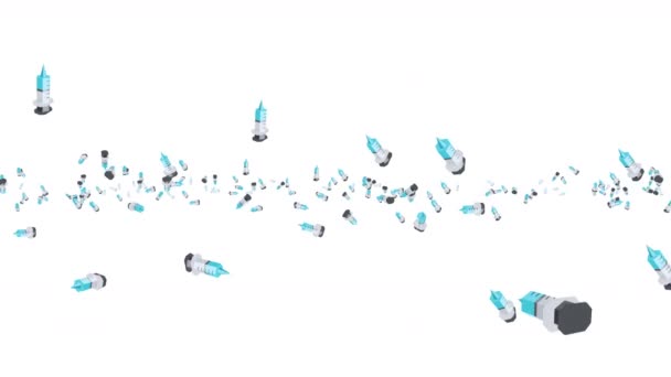 许多注射器在白色背景上漂浮在空气中 医学概念 疫苗注射的3D图解 循环动画 — 图库视频影像