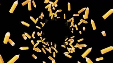 Birçok turuncu kalem siyah arka planda havada yüzüyor. Eğitim konsepti. Düşük çokgen yazma aleti. 3B döngü canlandırması.