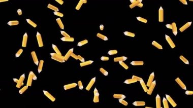 Birçok turuncu kalem siyah arka planda havada yüzüyor. Eğitim konsepti. Düşük çokgen yazma aleti. 3B döngü canlandırması.