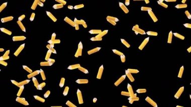 Birçok turuncu kalem siyah arka planda havada yüzüyor. Eğitim konsepti. Düşük çokgen yazma aleti. 3B döngü canlandırması.