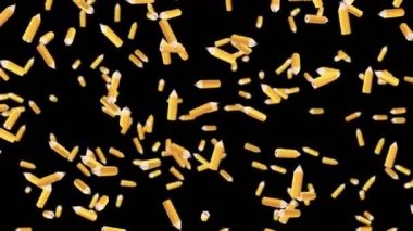 Birçok turuncu kalem siyah arka planda havada yüzüyor. Eğitim konsepti. Düşük çokgen yazma aleti. 3B döngü canlandırması.