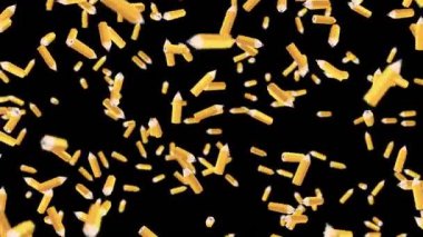 Birçok turuncu kalem siyah arka planda havada yüzüyor. Eğitim konsepti. Düşük çokgen yazma aleti. 3B döngü canlandırması.