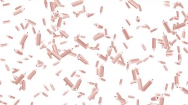 Birçok kahverengi kalem beyaz arka planda havada yüzüyor. Eğitim konsepti. Düşük çokgen yazma aleti. 3B döngü canlandırması.