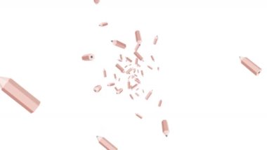 Birçok kahverengi kalem beyaz arka planda havada yüzüyor. Eğitim konsepti. Düşük çokgen yazma aleti. 3B döngü canlandırması.