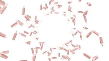 Birçok kahverengi kalem beyaz arka planda havada yüzüyor. Eğitim konsepti. Düşük çokgen yazma aleti. 3B döngü canlandırması.