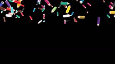 Birçok renkli kalem siyah arka planda havada yüzüyor. Eğitim konsepti. Düşük çokgen yazma aleti. 3B döngü canlandırması.