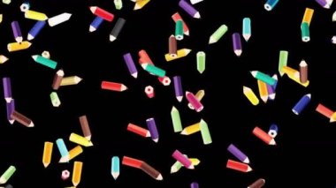 Birçok renkli kalem siyah arka planda havada yüzüyor. Eğitim konsepti. Düşük çokgen yazma aleti. 3B döngü canlandırması.